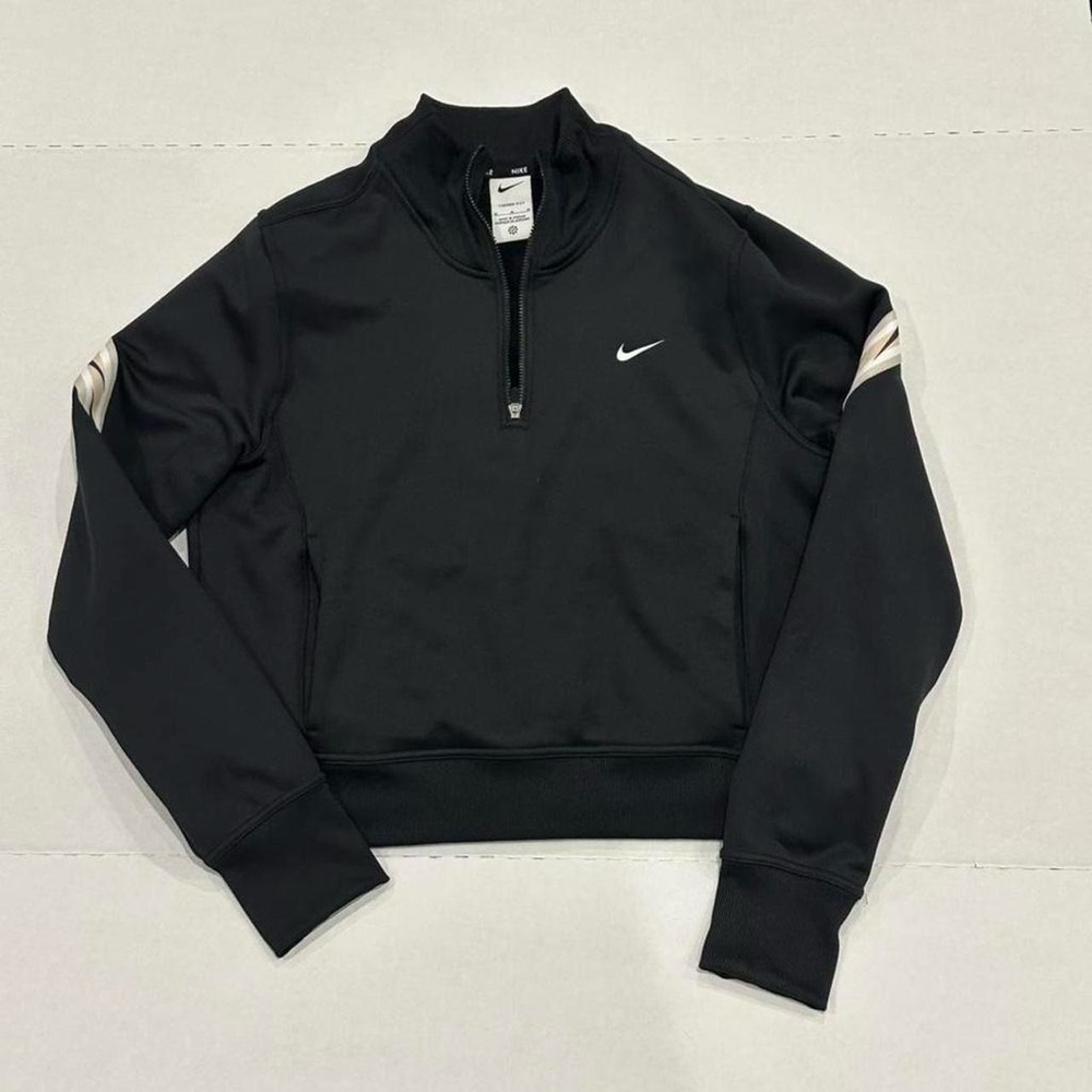 Nike ThermaFIT Women's Black 1/4 Zip Sweatshirt Swish Logo Pockets Thumb Holes M